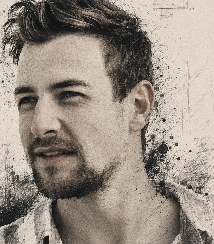 Portrait of Gabriel Sommer, drawn in graphite and photography, fraying into ink