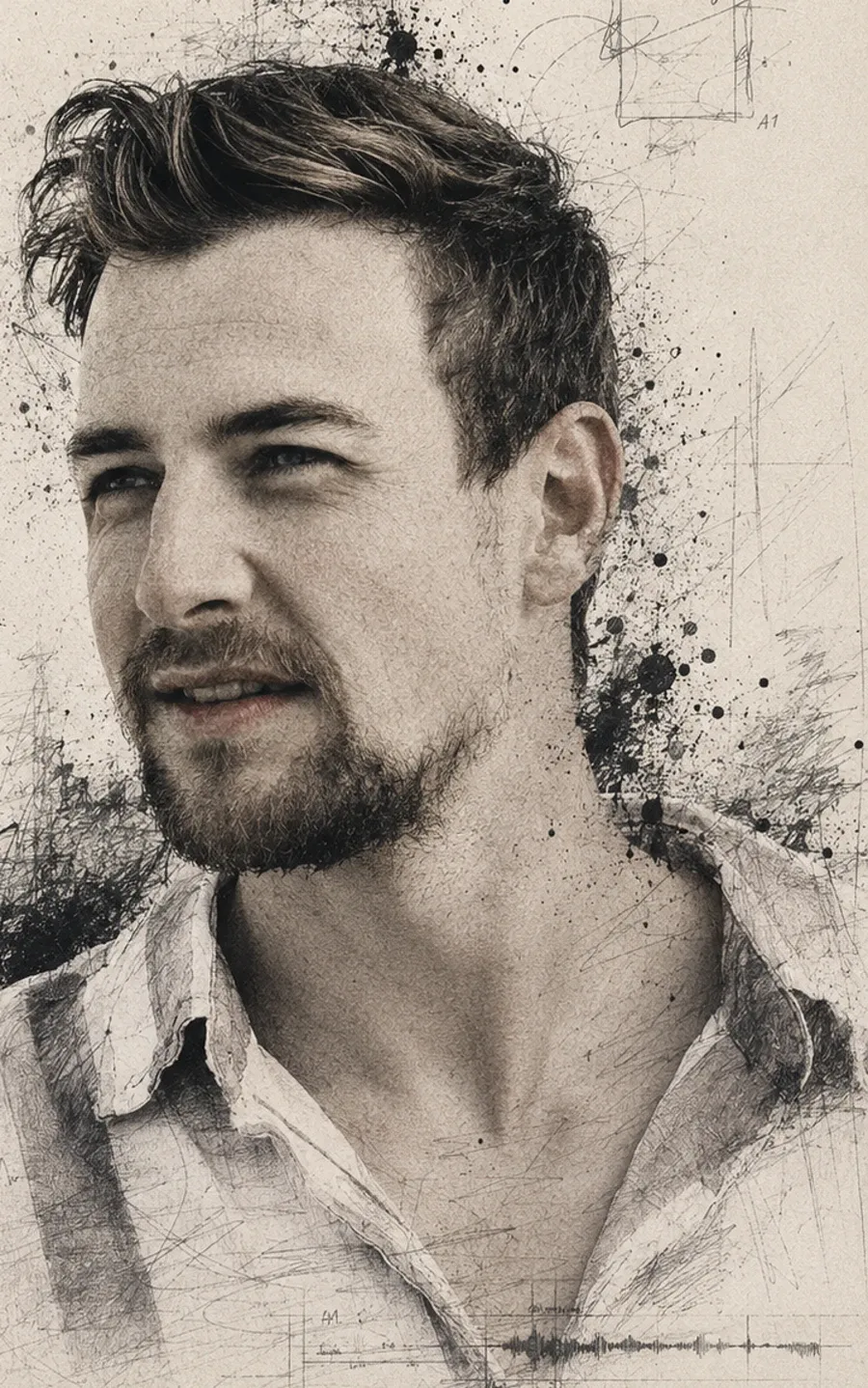 Portrait of inkAsong, drawn in graphite and photography, fraying into ink
