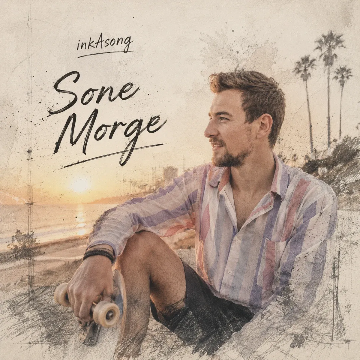 Sone Morge cover art — a pencil-sketched beach at sunrise with a photographic figure holding a skateboard