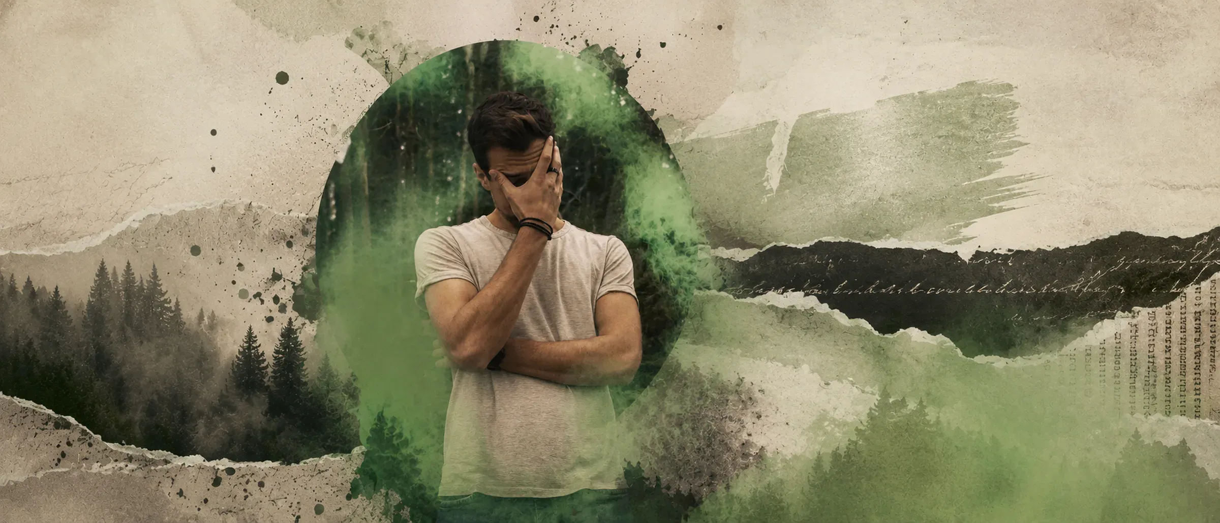 inkAsong artwork: a figure in green smoke, hand over the face, torn out of a paper collage of forest, ink and handwriting